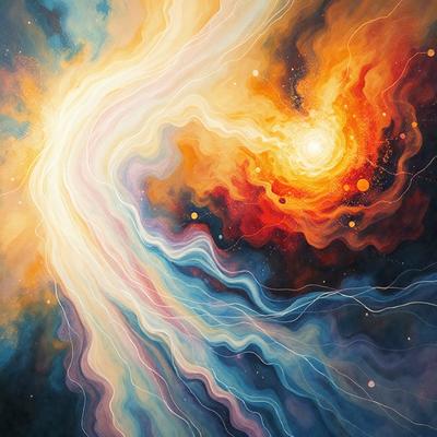 The primary subject of the image is a vibrant and colorful painting of a sunset. The setting is a night sky, and the visual style is a mix of digital art and illustration. The painting features a variety of colors, including red, orange, blue, and purple, creating a warm and inviting atmosphere. The colors and mood of the painting evoke a sense of tranquility and beauty, as the sun sets and the sky is filled with stars.